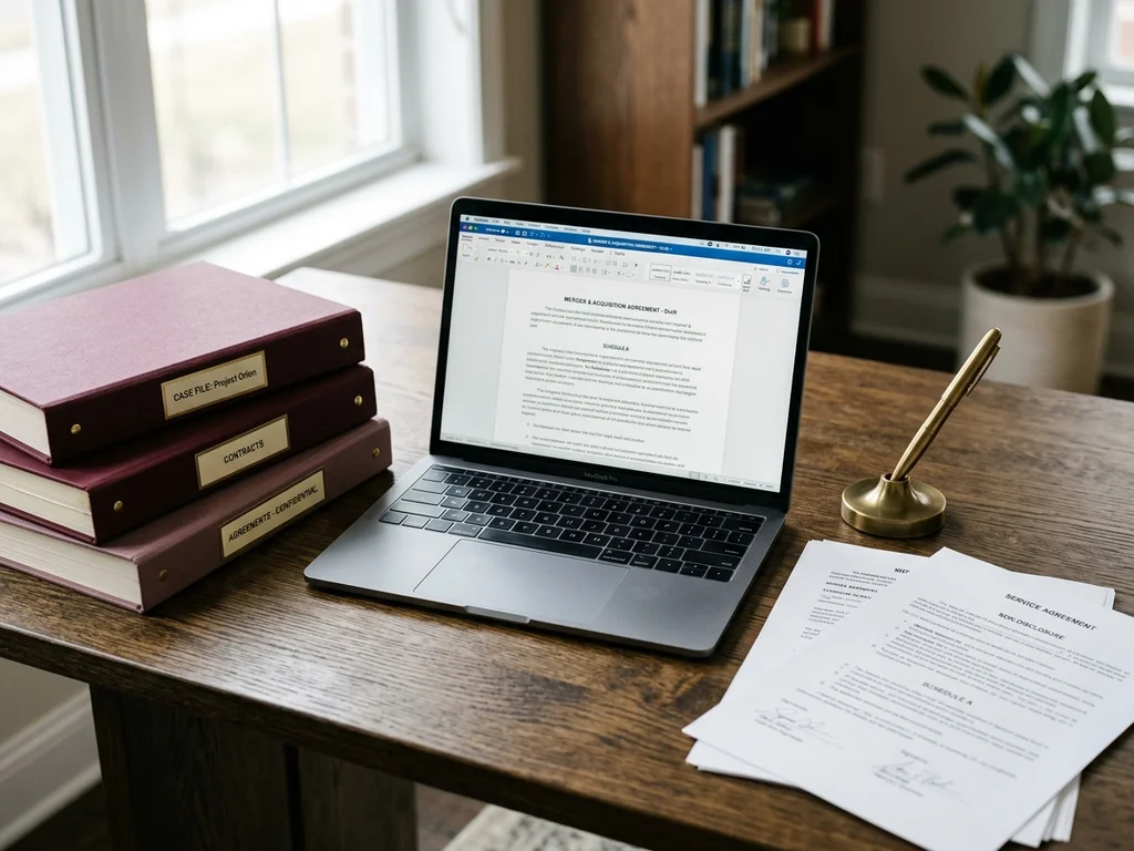 Bureau professionnel avec dossiers juridiques et ordinateur illustrant les mentions légales de l'entreprise.