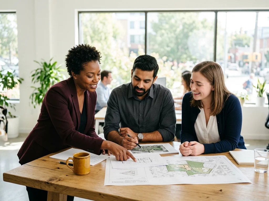 Équipe de professionnels collaborant autour de documents dans un bureau lumineux pour un nouveau projet.