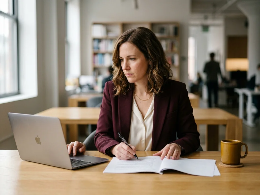 Portrait d'Inès Nedelec, journaliste spécialisée en marketing, travaillant sur un document au bureau.