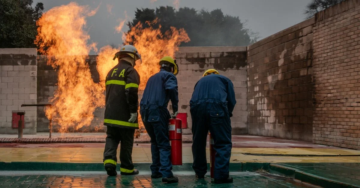 Groupe de pompiers en action utilisant un extincteur lors d'un exercice d'entraînement avec feu contrôlé.