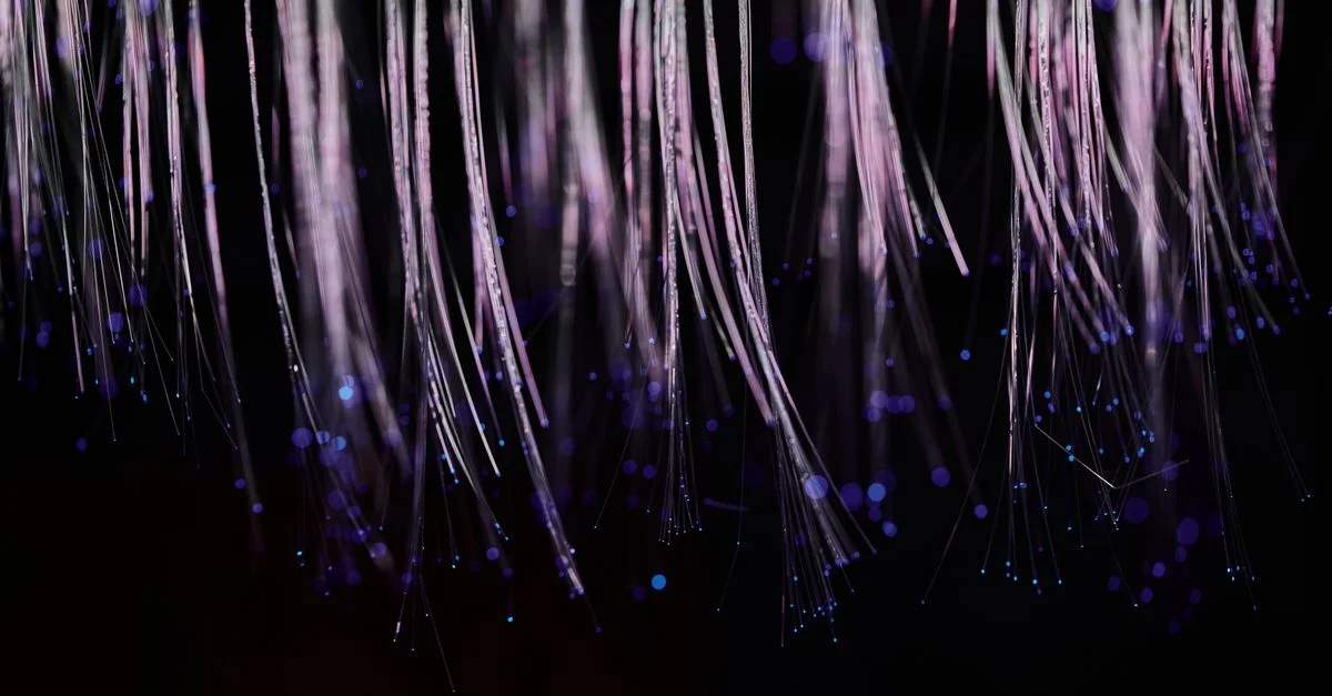 Image abstraite de brins de fibres optiques éthériques se déversant avec des lumières bleues brillantes.