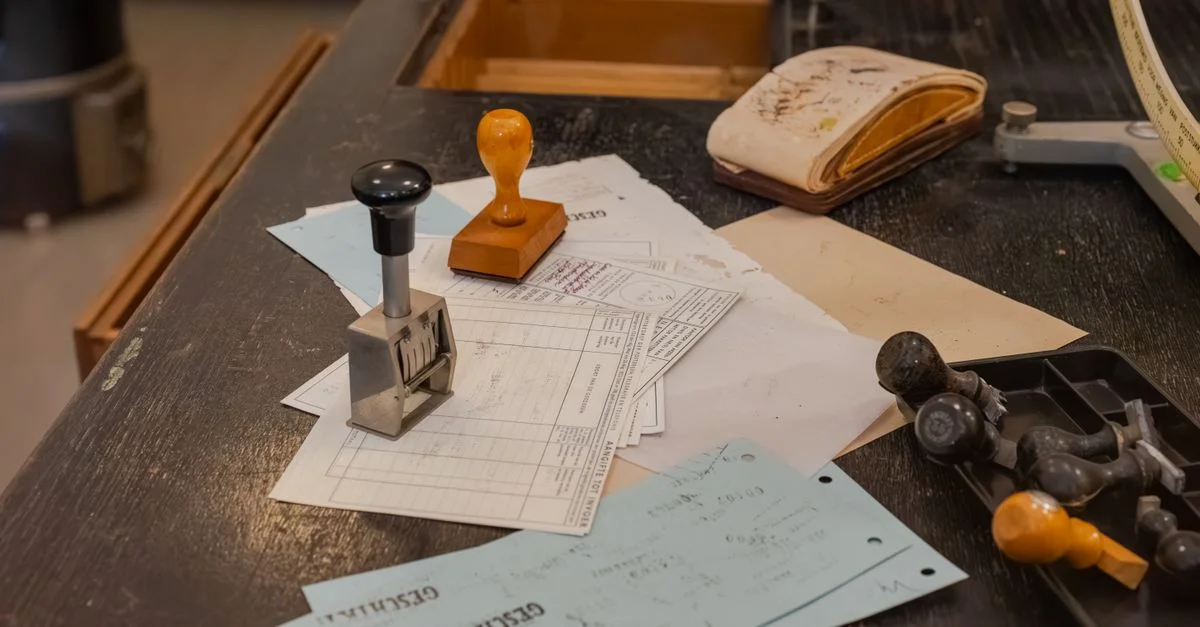 Bureau encombré avec des tampons de bureau sur divers documents dans un cadre de bureau.