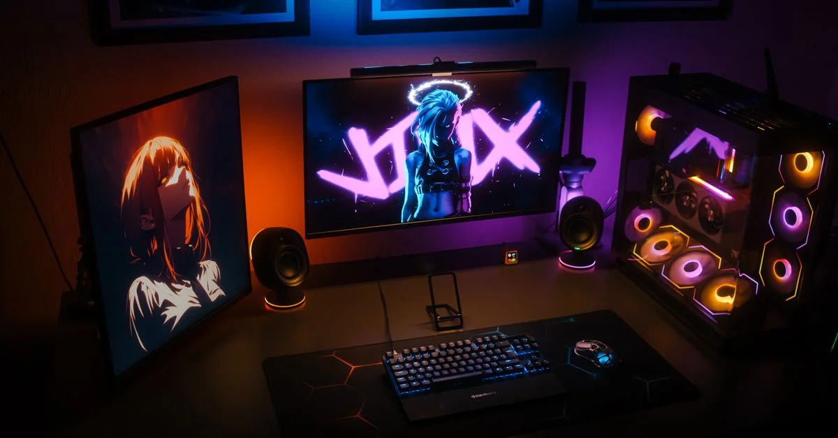 Une configuration de jeu moderne avec éclairage RVB, deux écrans et un PC personnalisé avec des composants colorés.