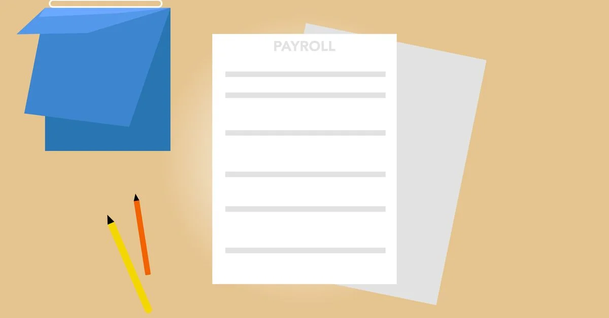 Vue de dessus d'un document de paie sur un bureau avec des crayons et des dossiers, idéal pour des thèmes financiers.